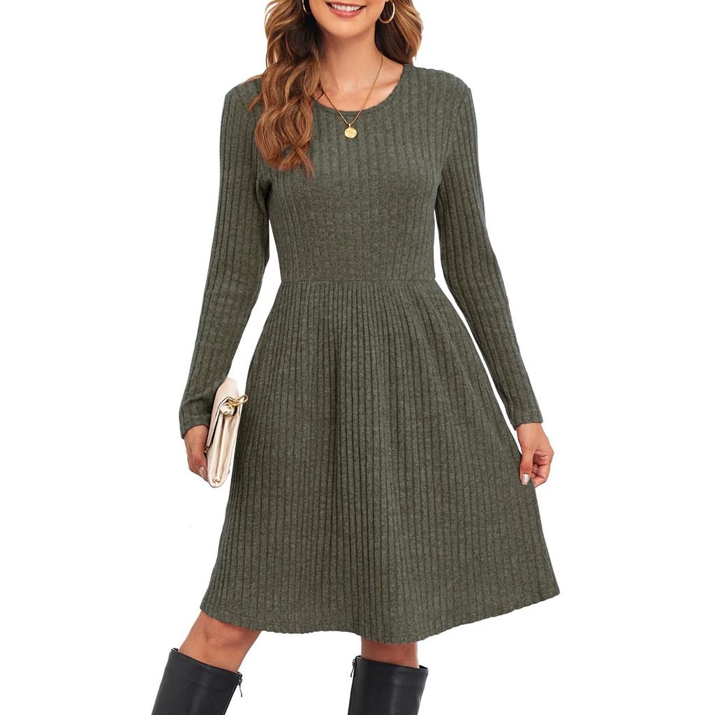 Vestido Casual Feminino de Manga Comprida Solto de Cor Sólida
