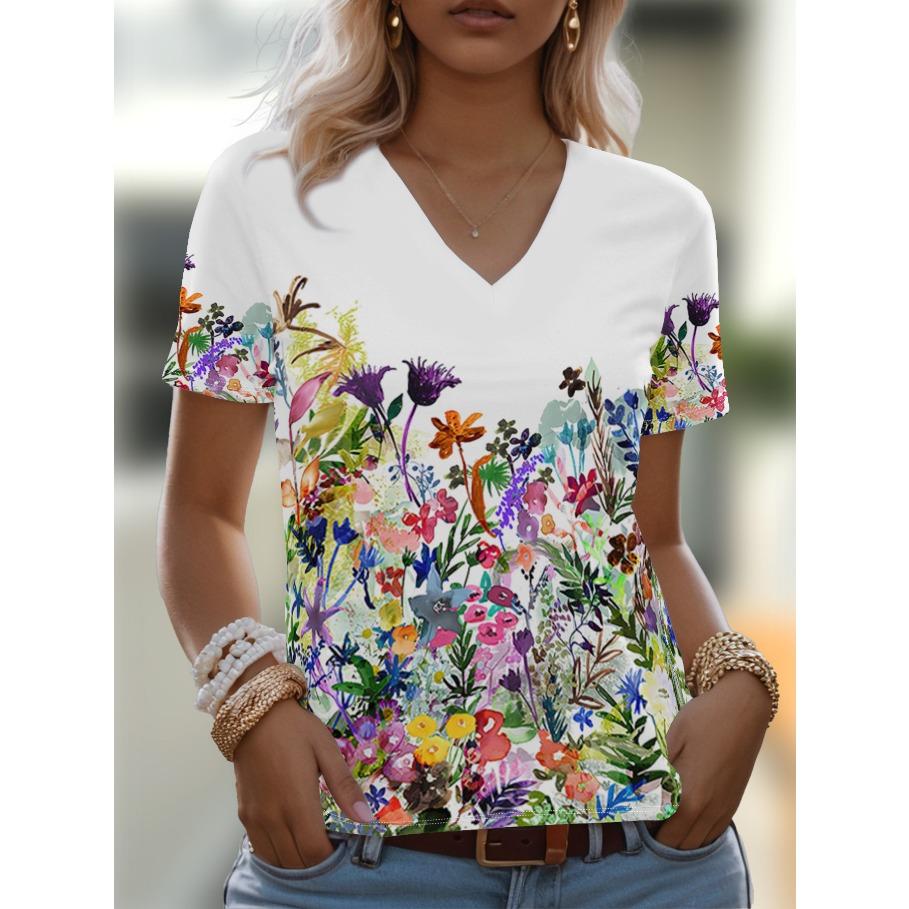 Plus Size Tees Women's Short Sleeved 3D Printed Top Holiday Flower Pattern Weekend Basic V Neck T Shirt Summer