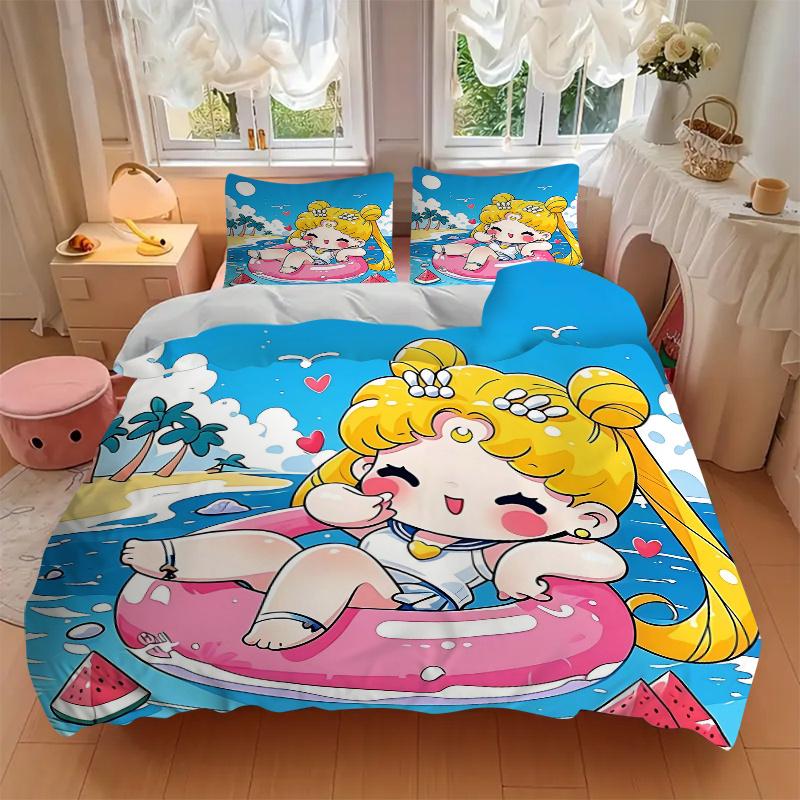 3pcs Happy Sailor Moon Printed Bedding Set, Soft and Comfortable Quilt Cover for Bedroom, Guest Room (1 Duvet Cover + 2 Pillowcases, Pillow