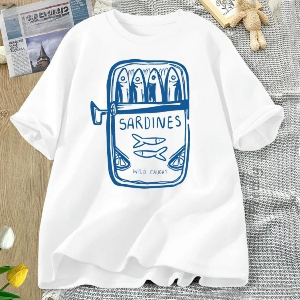 

Sardine Fisherman Beach Printed Short Sleeve Tshirt Casual Round Neck T Shirt Summer Casual Printed WomenT Shirt Clothing Tops M