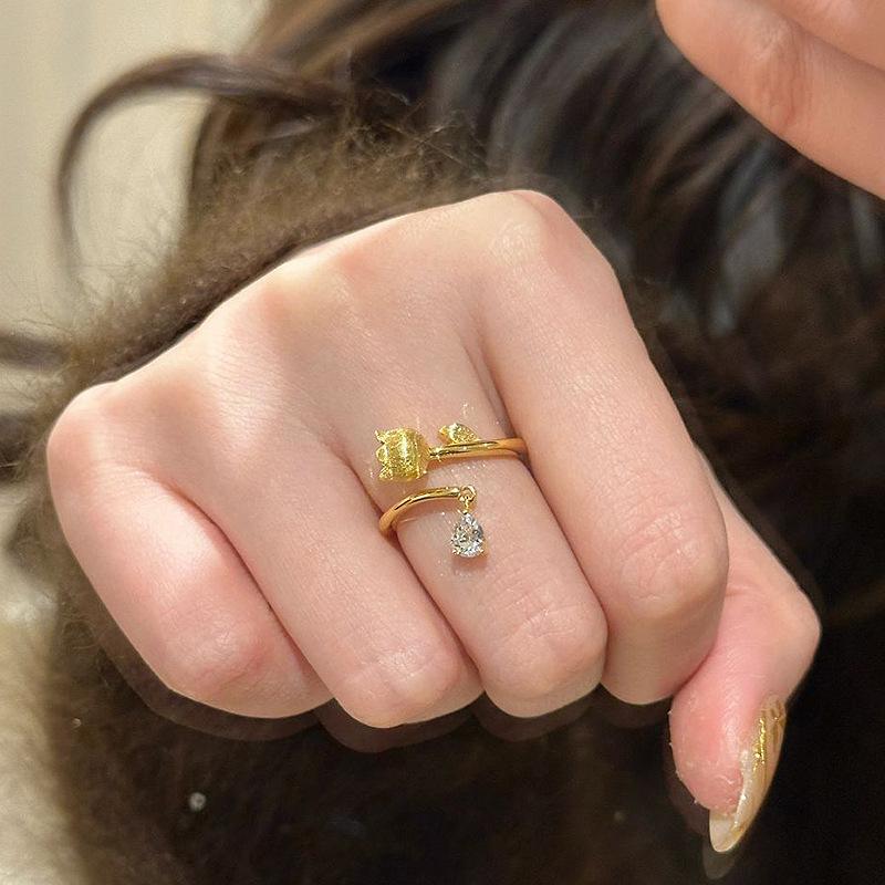 Ancient Gold Crafts Brushed Lily of the Valley Rings for Women Tassel Inlaid Diamonds Water Drop Diamond Female Ring Adjustable