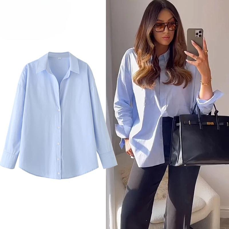 Women's Shirt Long Blue Shirt Women Spring Long Sleeve Oversize Shirts Blouses Korean Style Casual Button Up Shirts