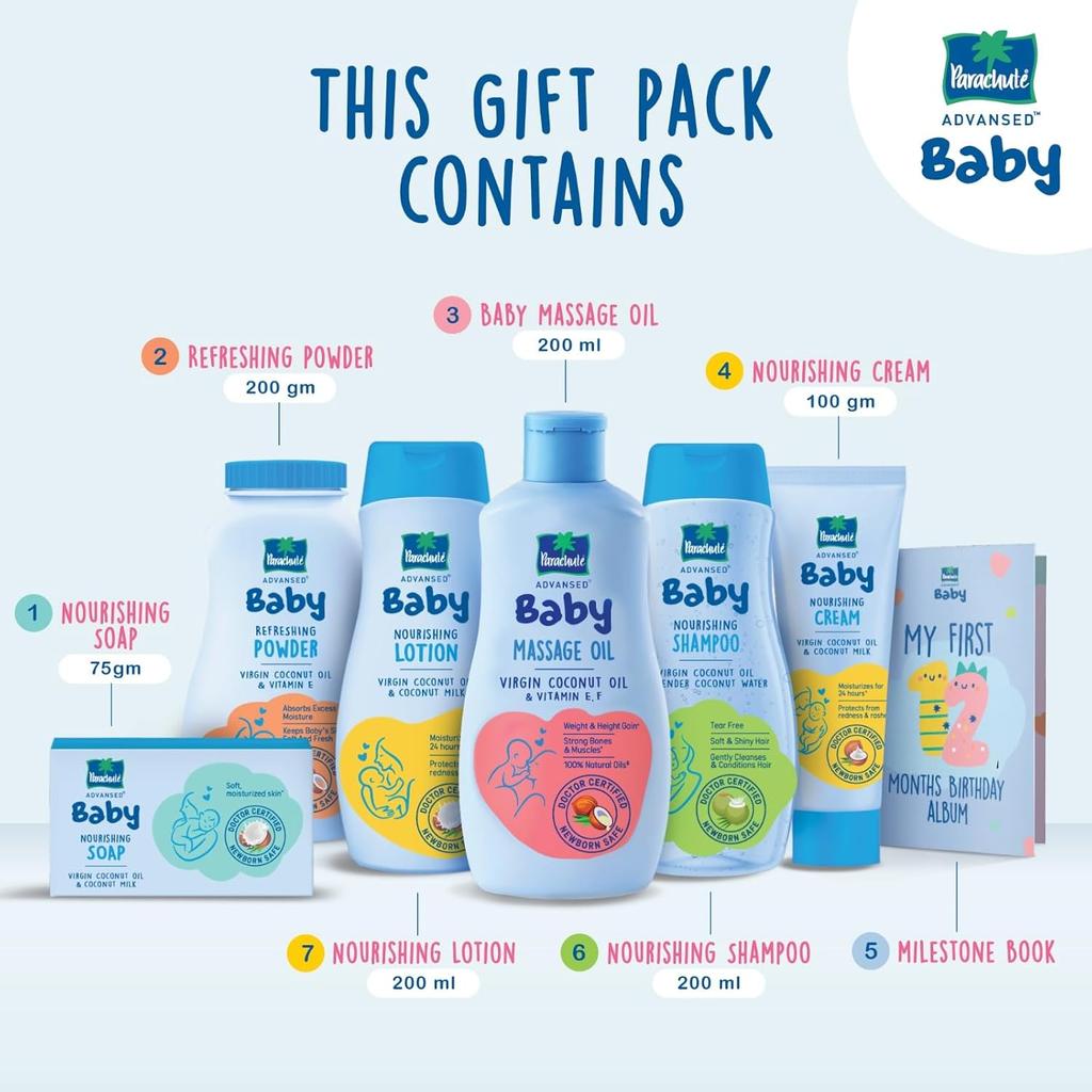 PARACHUTE Gavesett til nyfødt baby med lotion, olje, sjampo, krem og pudder | 6-i-1 babyessensielt sett med gjennomsiktig reiseveske | Ideell som gave