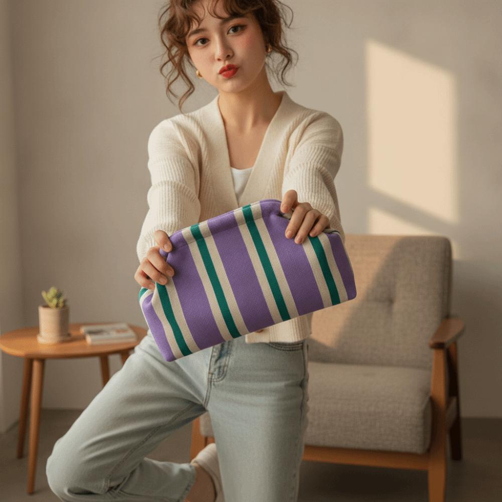 Hasp Closure Striped Bag Soft Texture Cloud Pouch Wrinkled Purse Knit Clutch Fashion Ladies