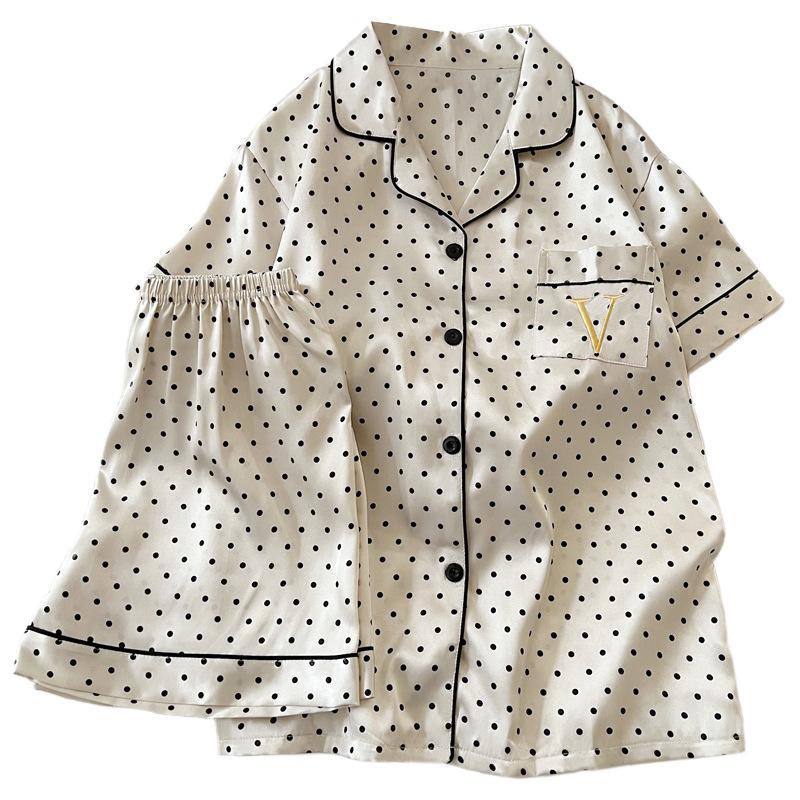 French Style Ice Silk Pajamas Women'S Thin Short-Sleeved Shorts Polka Dot Temperament Style Simple And Cool Summer Loungewear