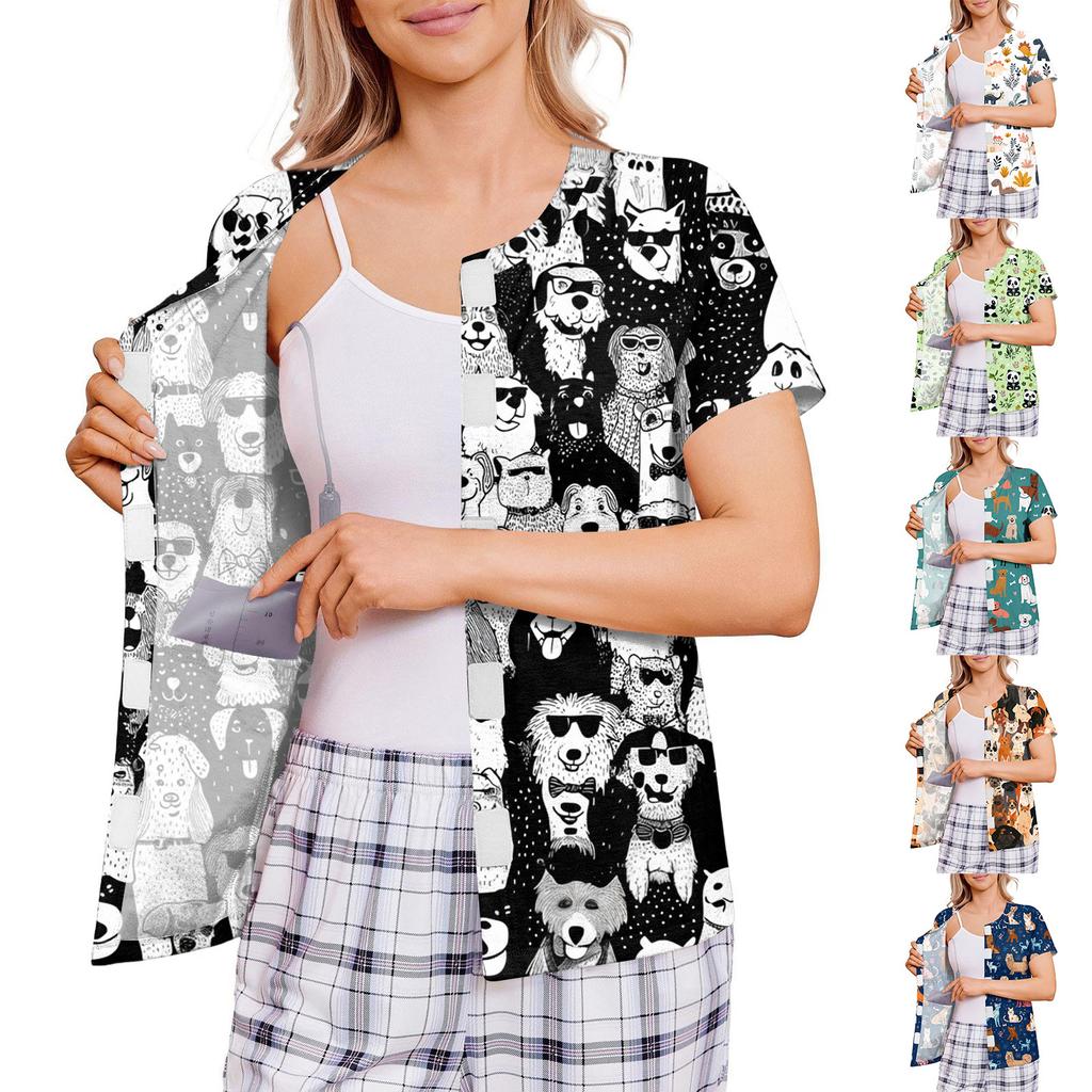Damen Shirt nach der Operation Kurzarm Vier Taschen Leicht Bequem Knopfleiste Vorne Shirt für Medizinische Genesung und Tägliches Tragen