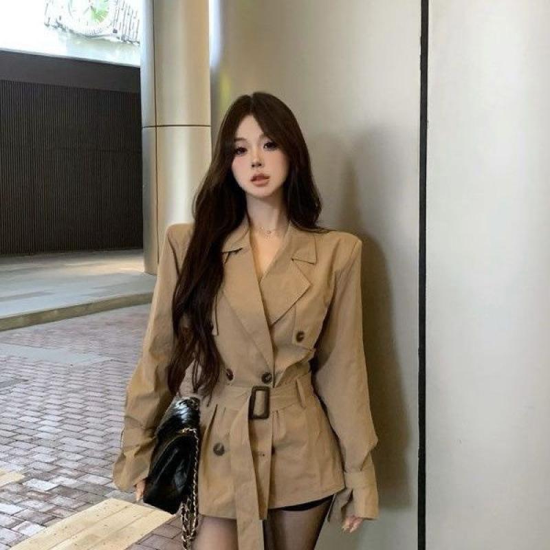 

Coat Autumn New Temperament Khaki Double-row British Short Waist Coat Woman XL