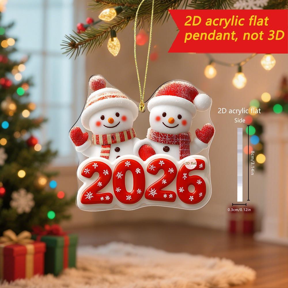 2D Flat Acrylic Cute Cartoon Santa Claus Snowman Elk Pendant 2026 Happy New Year Gift Xmas Tree Hanging Ornament Home Xmas Decor