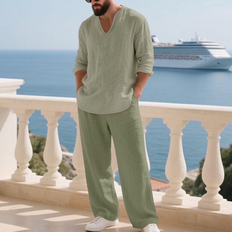 

Men s Autumn Linen Set: Casual Beachwear, V-neck, Loose-fit Long-sleeved Top and Trousers Sports Set XXXL армія зелений колір
