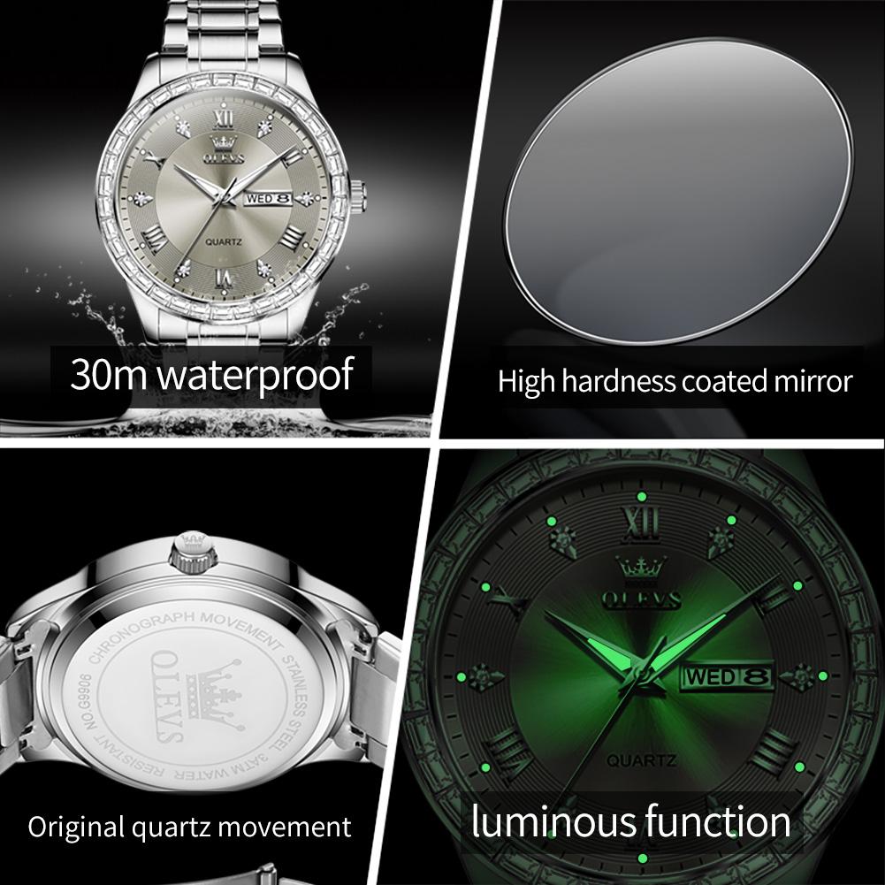 OLEVS 9906 Square Diamond Men's Quartz Watch Stainless Steel Strap Waterproof Dual Calendar Luxury Original Business Wristwatch