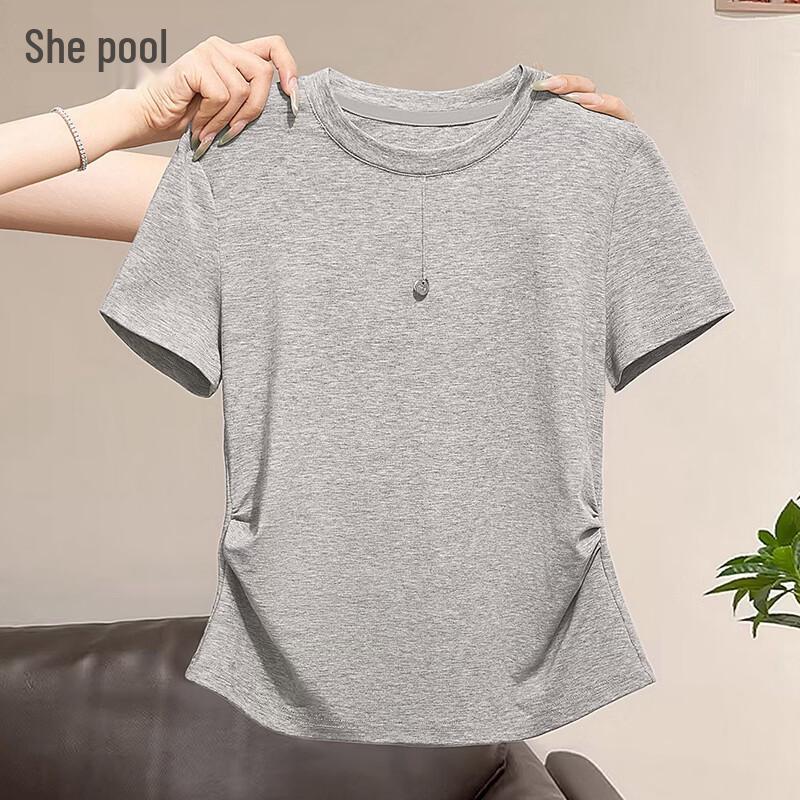 

Women s Pleated Waist Round Neck Short Sleeve T-shirt L