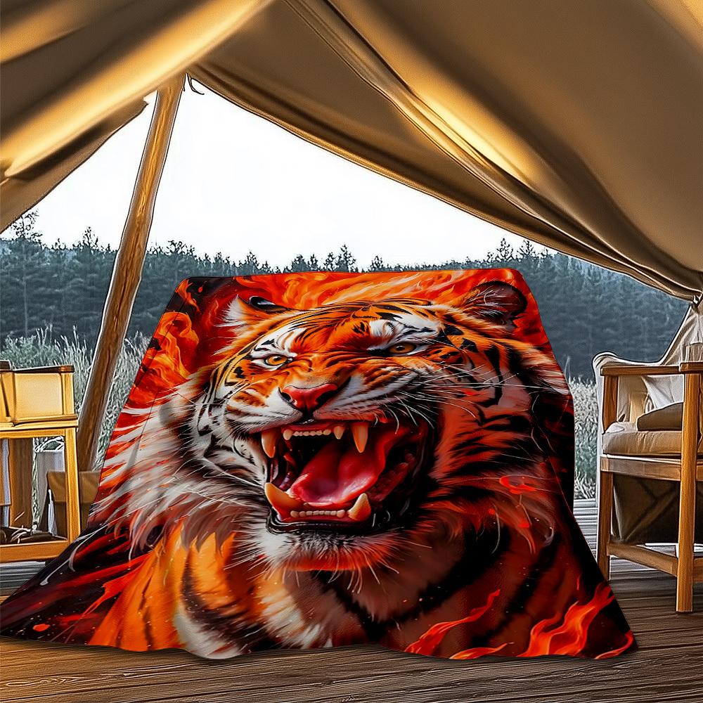 1pc Tiger Flames Print Outdoor Blanket, Lightweight Polyester,