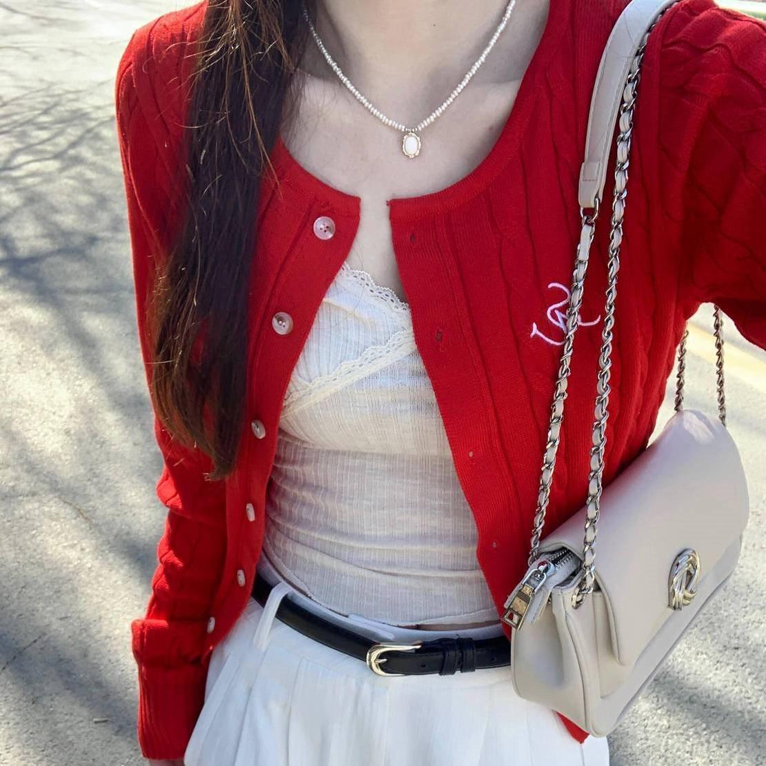 

Женский маленький красный кардиган крупной вязки - Колледжный стиль начала осени M [45-50 kg]