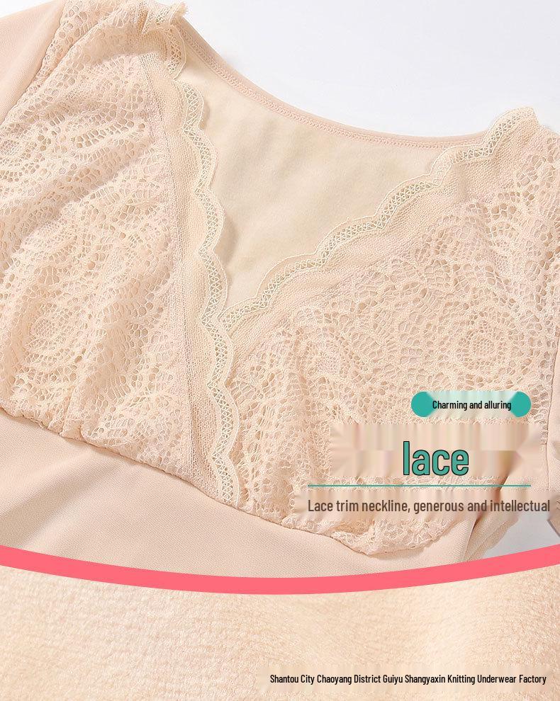 Dámský termální krajkový top s V-výstřihem, úzkého střihu, v korejském stylu, s fleecovou podšívkou