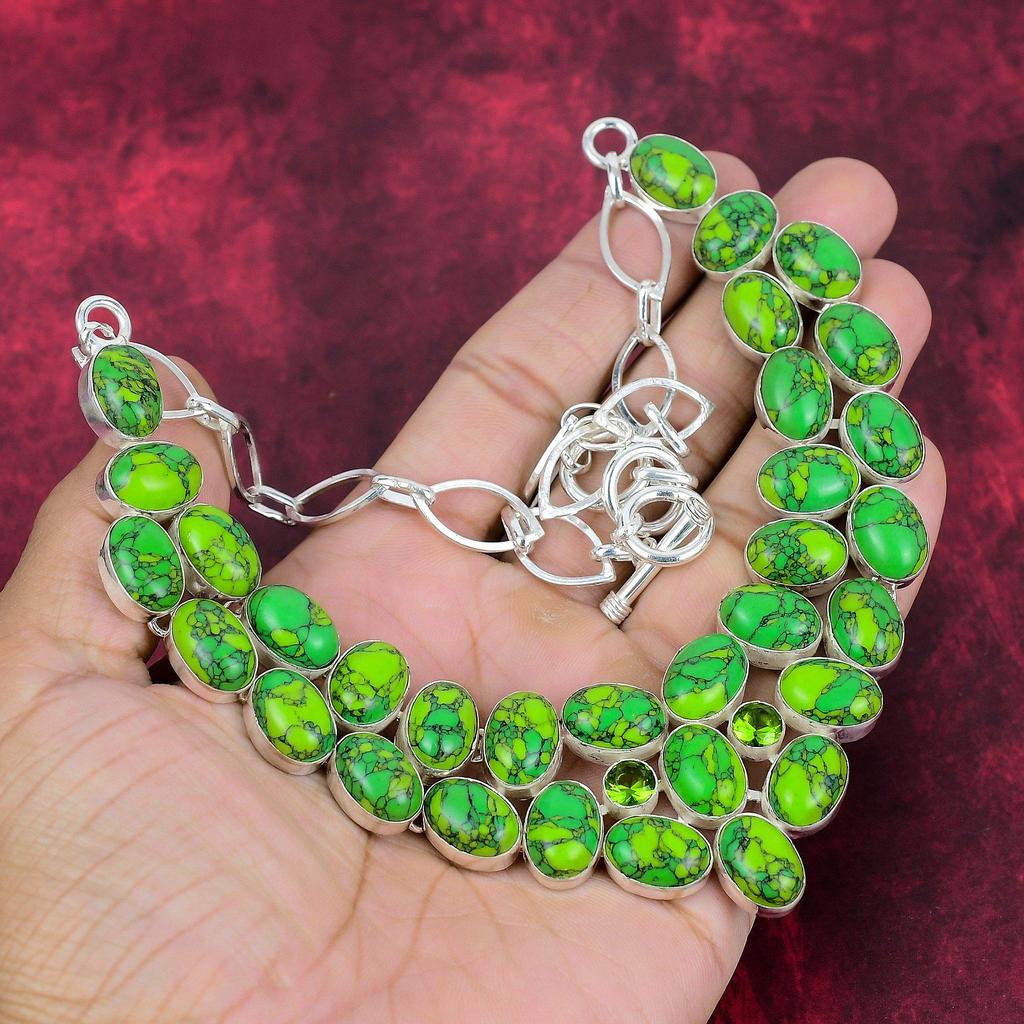 Green Copper Turquoise Handmade Gemstone Necklace, 925 Solid Sterling Silver Necklace Antique Jewelry, For Engagement Gift