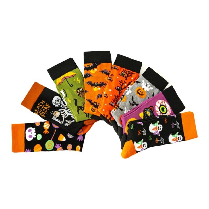 Halloween Themed Cotton Socks Elastic Cuffs Breathable Fabric Practical Wear Festive Ghosty Pumpkin Patterns