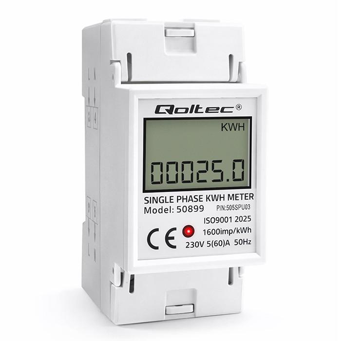 Qoltec Single-phase Electronic Meter | Energy Consumption Meter for DIN Rail | 230V | 60A | LCD | 2P