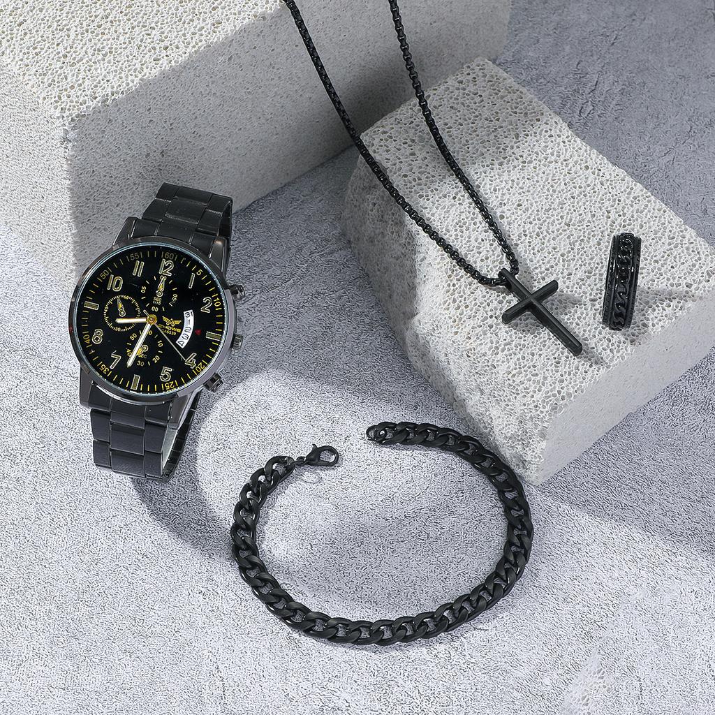 Nicht-Schweizer vollautomatische mechanische Quarzuhr für Herren mit Halskette, Armband, Ring, vierteiliges Set mit Geschenkbox