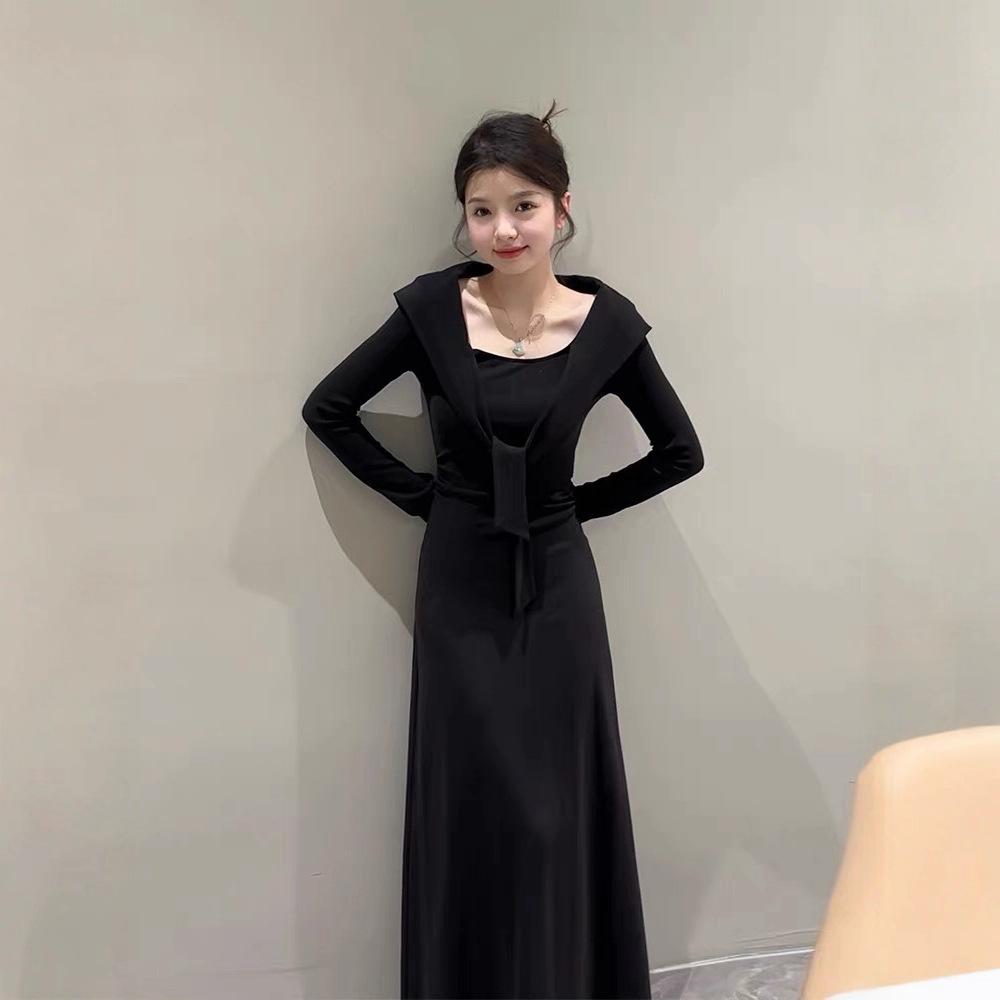 

Korean wear lace-up shawl long-sleeved dress women s clothing autumn is very beautiful, waist and thin hip skirt long dress XL чорний