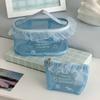 Stylish Ocean Blue Mesh Cosmetic Bag For Girls With Embroidery And Breathable Design
