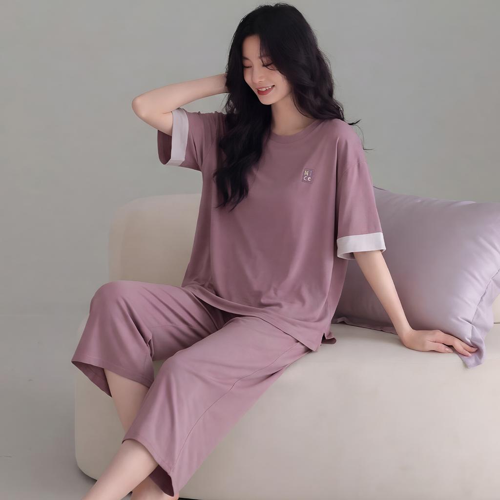 Modal cotton pajamas with chest pads women's summer 1011 simple cool ice silk short-sleeved pants outer wear loungewear set