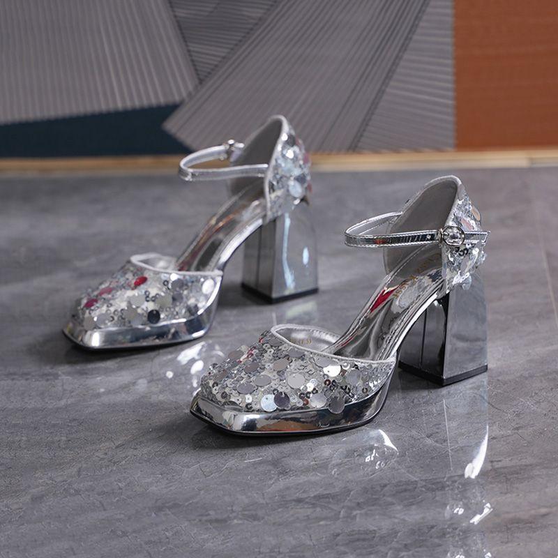 Internet celebrity sequins square head high heels women's 2025 summer new square heel one-word buckle socialite banquet dress single shoes
