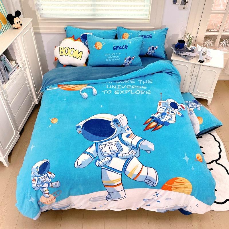 Thickened Milk Fleece Four-Piece Set, Fleece Astronaut Flange Coral Fleece Children'S Bed Sheet Quilt Cover Three-Piece Set Men