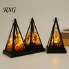 Retro Triangular Wind Lantern Halloween Vintage LED Candle, Spooky Pumpkin Witch Tabletop Decor with Castle Metal Hanger, Electronic Tealight