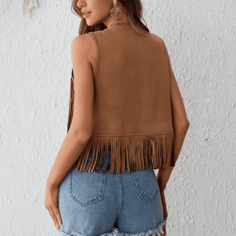 Fashionable Retro Fringed Vest Black/Brown Rivet Detailing Suede Vest Open Front Women'S Vest For Women
