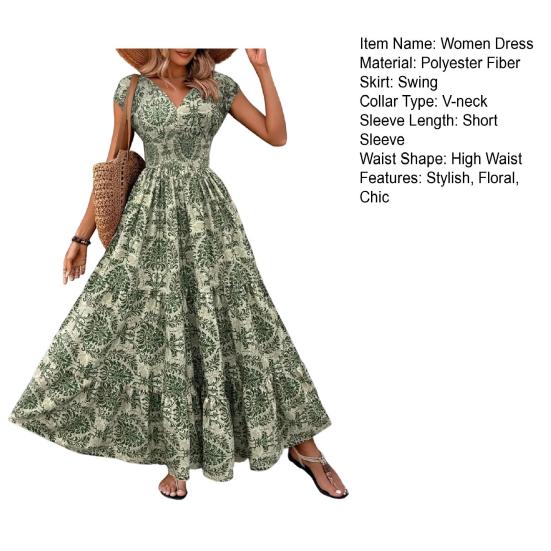 Kvinners Boho Blomstermønstret Maxi Kjole Kortermet V-hals Lang Kjole Sommer Smocket Midje Sving A-linje Solkjole