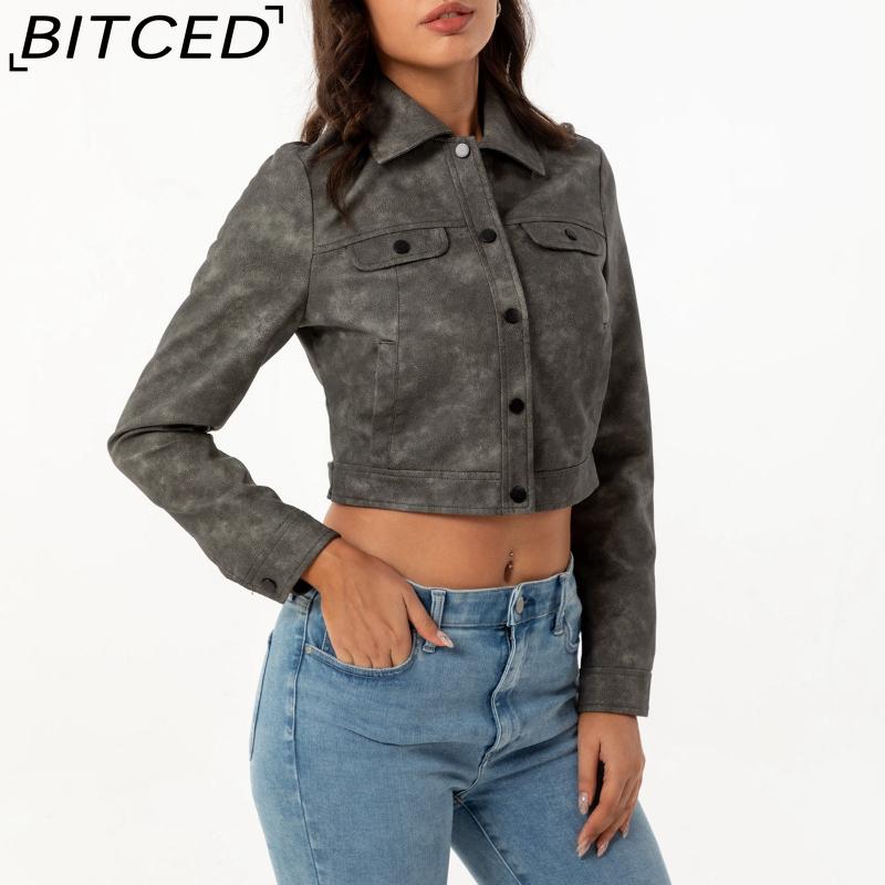 BITCED Spring/Autumn Lightweight Leather Jacket for Women Multi-Pocket Cardigan Style Casual Jacket Fashionable Trendy Everyday Outerwear