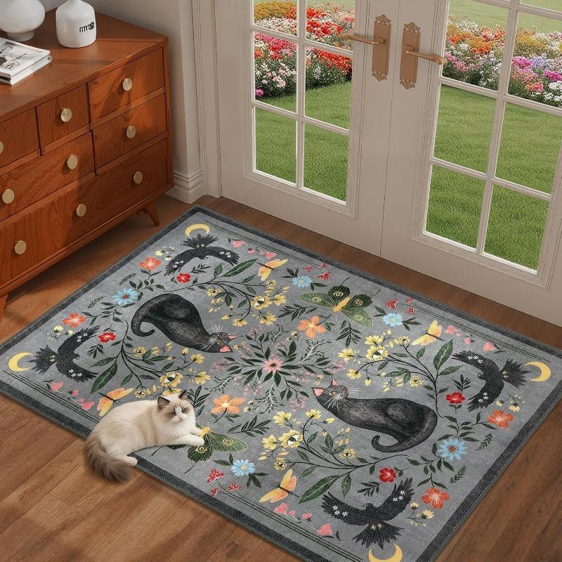 Vintage Botanical Cat Door Mat Whimsical Black Cat Floral Bird Print Non-Slip Entryway Rug Cottagecore Themed Floor Carpet
