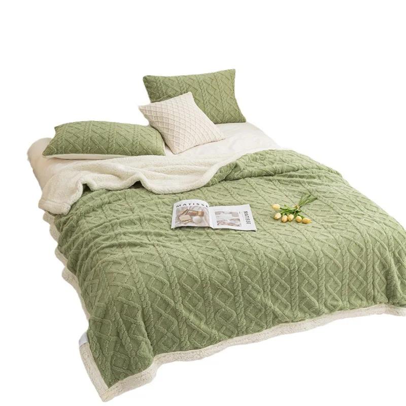 Jacquard Flannel Wool Nap Sofa Blanket Warm Breathable Sofa Blanket for Office Home Travel Soft Warm Blanket with Heat Retention