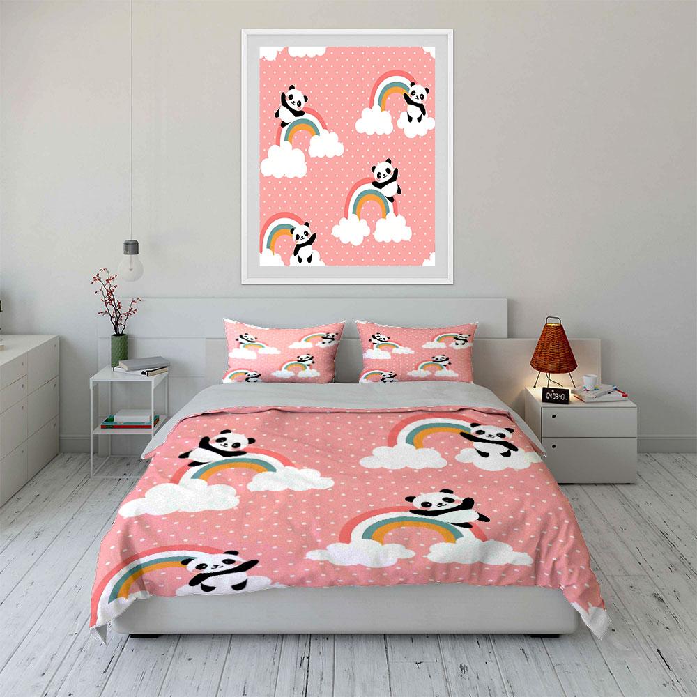 Cute Panda and Rainbow Pattern Bedding Duvet Cover Set Duvet Cover Pillowcases  (1*Duvet Cover 2*Pillowcases, Without Duvet Insert)
