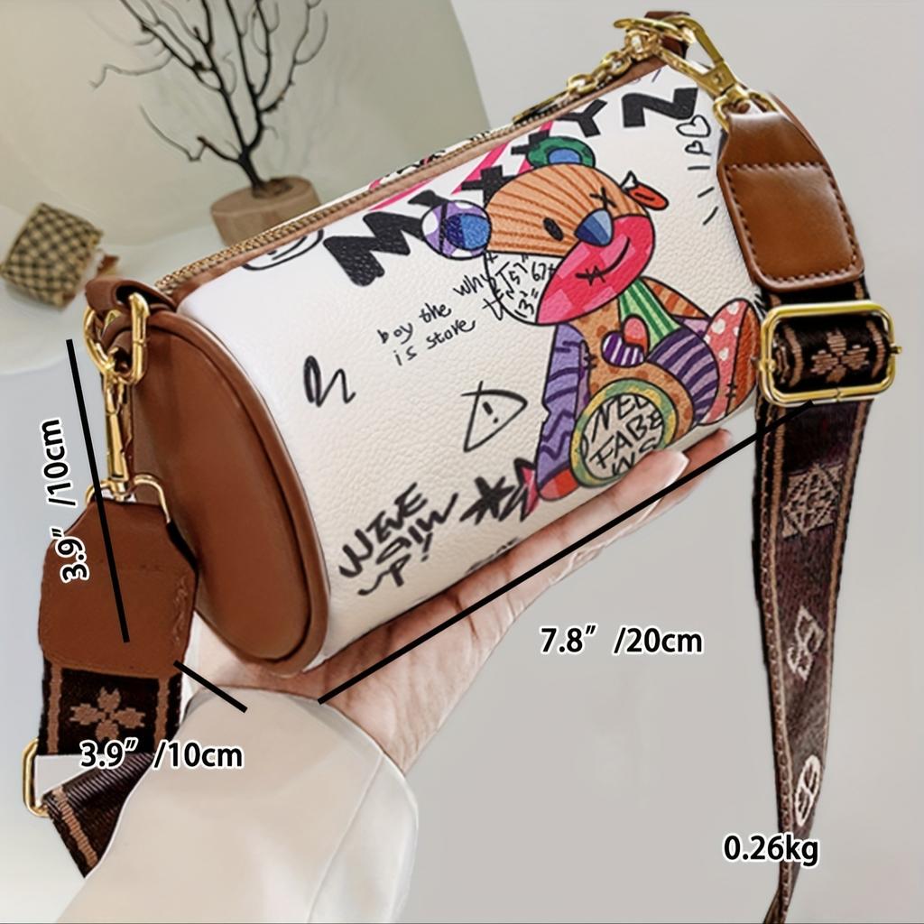 Fashion Graffiti Print Crossbody Bag, Trendy Shoulder Cylinder Bag, Women's Vintage Handbag & Barrel Purse