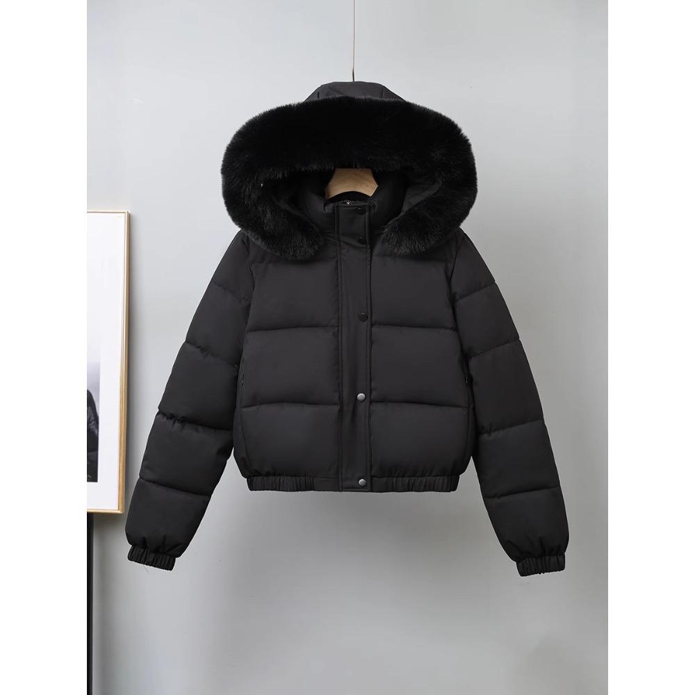 Women's Hooded Faux Fur Collar Long Sleeve Puffer Jacket Loose Fit Short Winter Coat