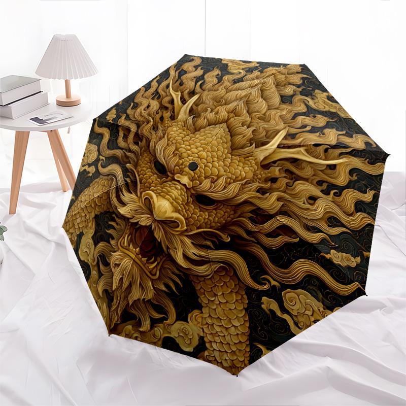 Golden Dragon  Pattern, Automatic Folding Umbrella, Portable and Foldable Design, 8 Ribs, a Christmas or Birthday Gift.