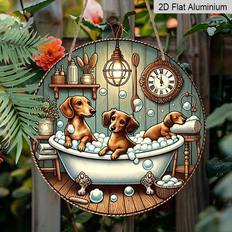 2D Flat 1pc, Bathing Dog Theme Design, Flat Printed Aluminum Metal Signs, Circular Iron Hanging Picture, 8x8 Inch Wall Decoration, Bar, Cafe, Club