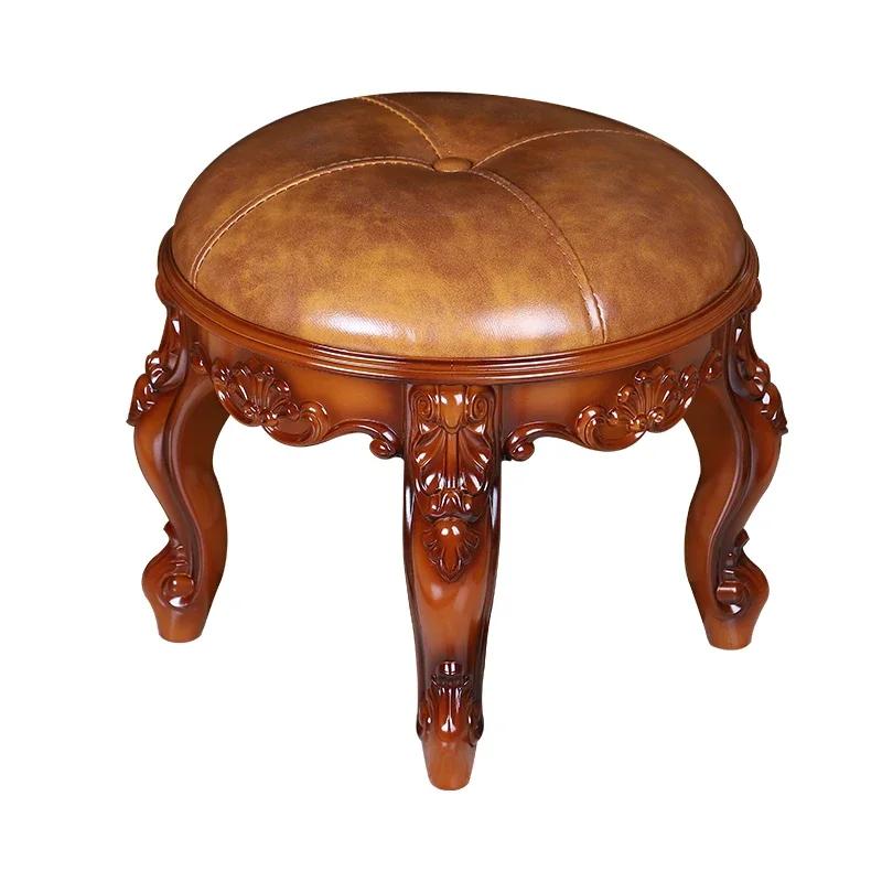 Retro Rzeźbiony Mały Stołek Luksusowa Skórzana Poduszka Kreatywne Niskie Siedzisko Elegancki Pokój Krzesło Sofa Stylowe Siedzisko Dekoracyjny Podnóżek