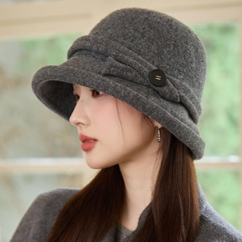 Nuovo cappello autunno e inverno femminilità fiocco cappello a secchiello in lana elegante 100 caldo cappello a bacinella moda