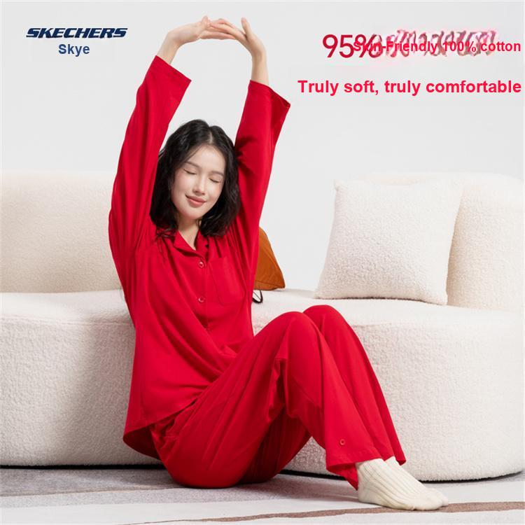 Skechers Fashionable Lazy V-Neck Cardigan Festive Pajama Set Women pajamas Red L225W268-00BM