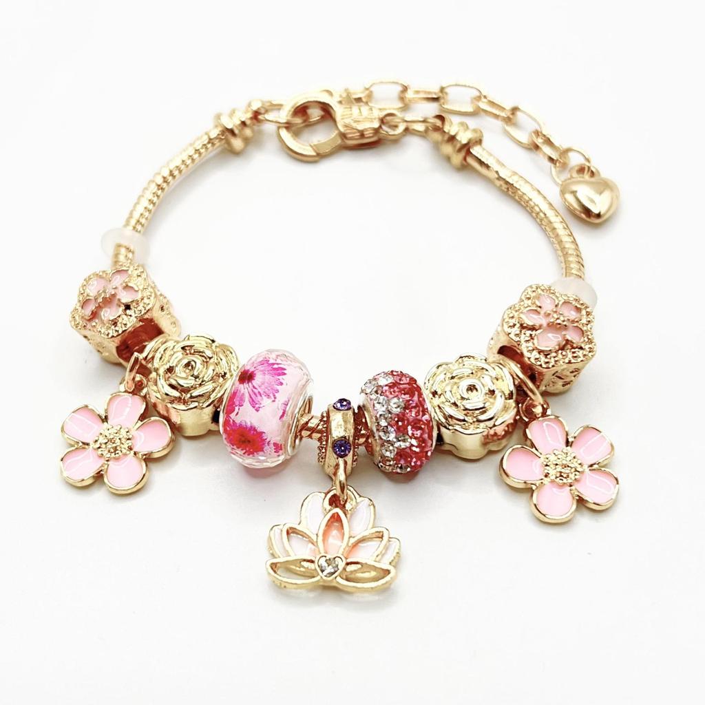 High Quality Gold Plated Crystal Rhinestone Lotus Flower Charm Bracelet Large Hole Beads Pink Flower Pendant Adjustable DIY
