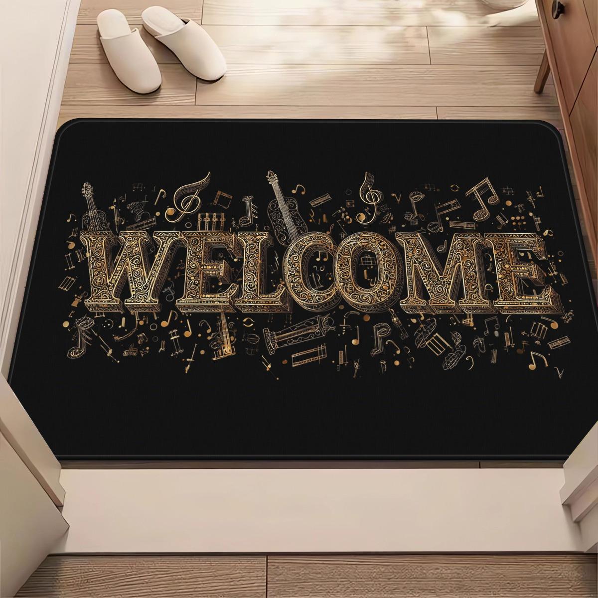 

Black Welcome Doormat with Golden Musical Notes Design for Entryway Kitchen Bathroom Non Slip Floor Mat Indoor Outdoor Use 40x60cm