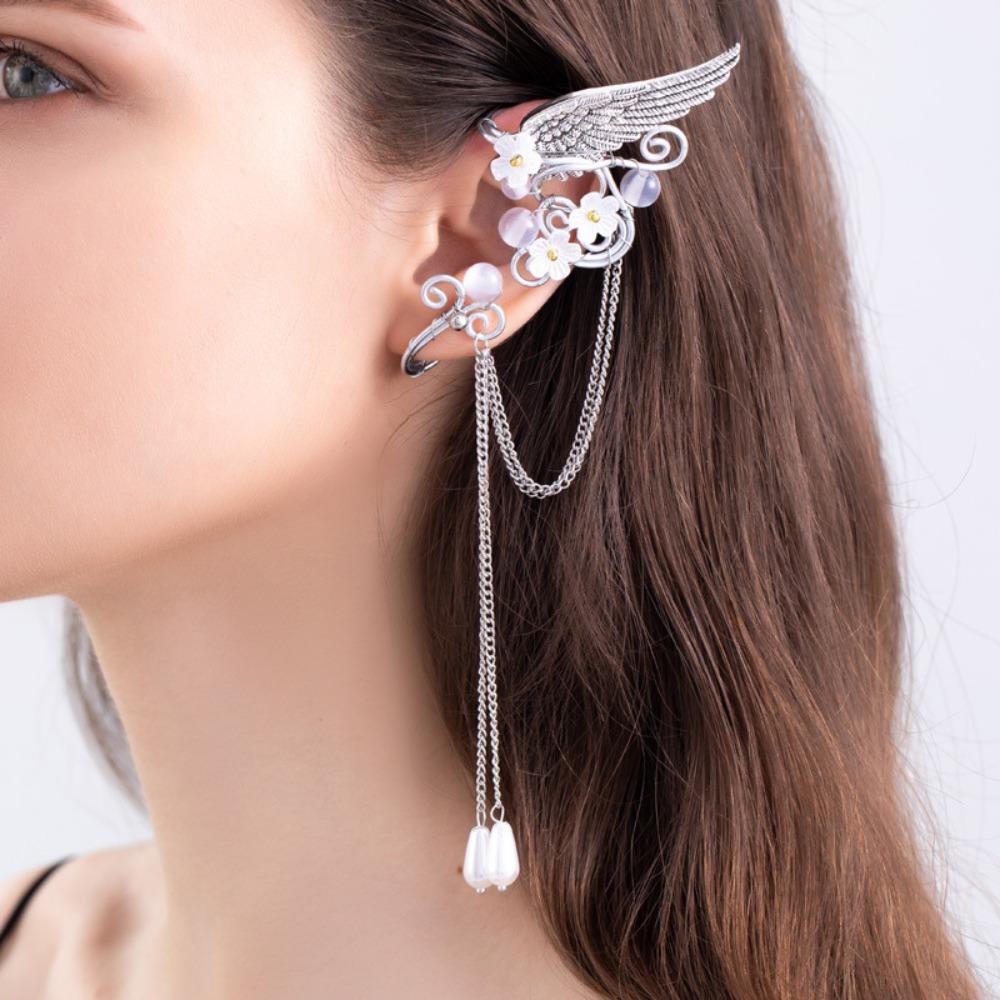 Left Ear Right Ear Zinc Zinc Alloy Elf Ear Clip Crystal Long Tassel Earrings Wings Ear Cuff Cosplay Jewelry