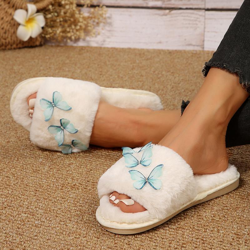 Fashion Butterfly Decor Home Plush Slippers Women Autumn Winter Open Toe Indoor Slippers for Woman Soft Sole Comfortable Faux Fur Slides