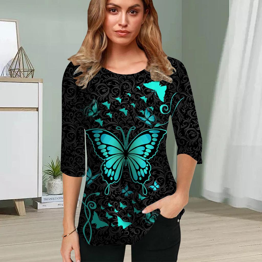 Womens Blouse 3D Rainbow Butterflies Printing Flower Half Sleeve Tops Summer Casual Tops Printed Round Neck Half Sleeve T Shirt