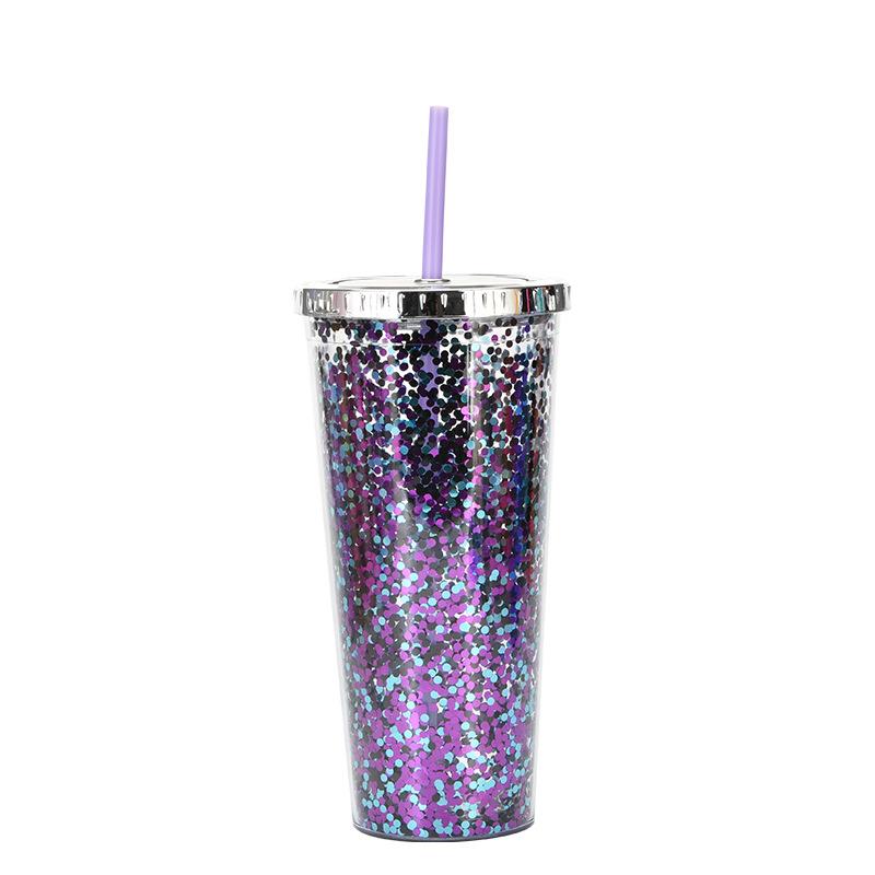 Taza de Plástico de Doble Capa de 24 oz con Purpurina Botella de Agua Portátil con Pajita Vasos Reutilizables de Plástico con Tapas Taza para Bebidas de Fiesta