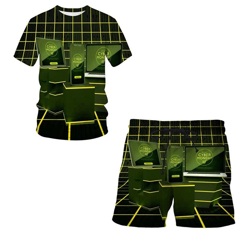 3D-Druck übergroßes modisches T-Shirt-Shorts-Set Harajuku Freizeit reifer Kurzarmanzug Mobile Technologie Zweiteiliges Set