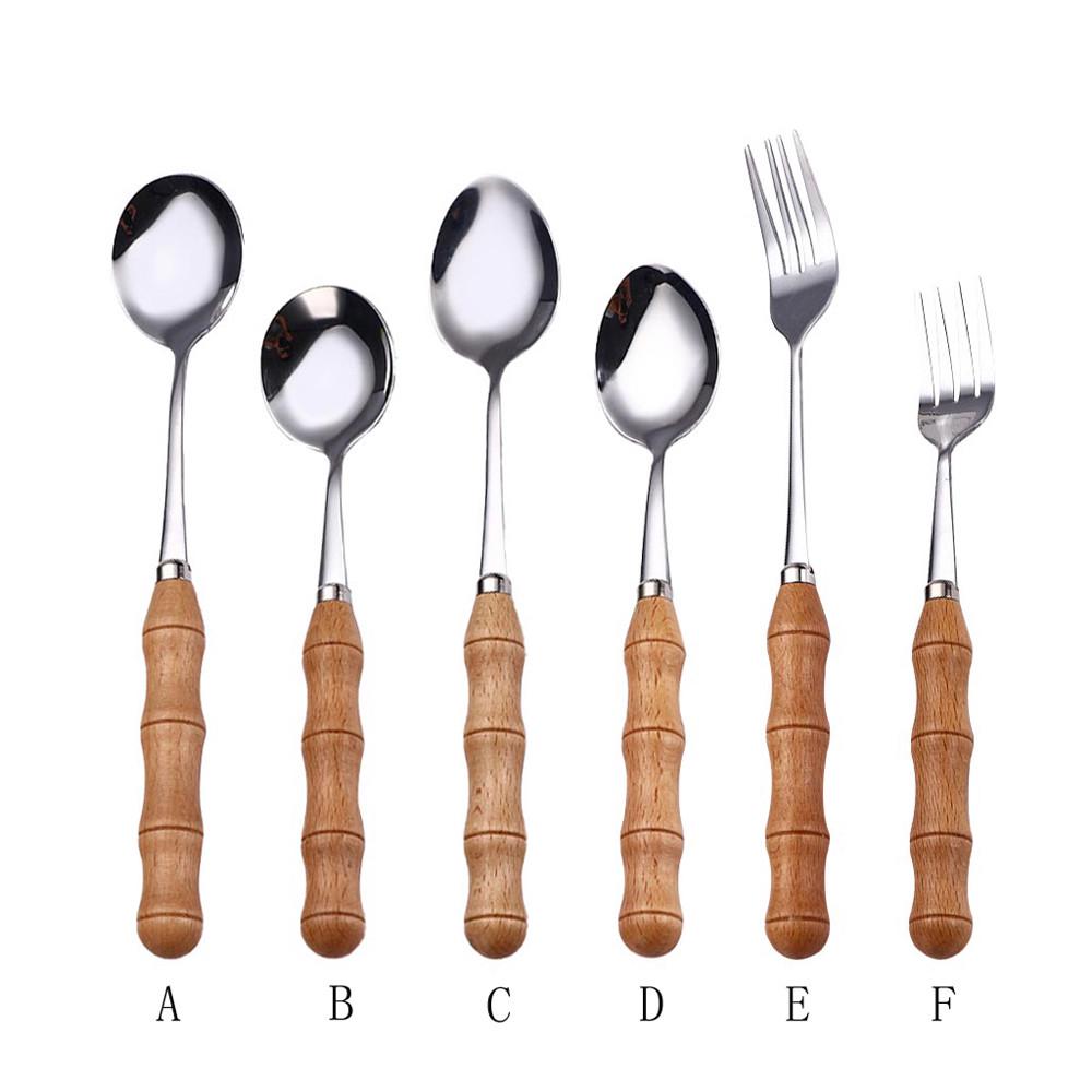 Creative  Wooden Handle  Stainless Steel  Upscale Cutlery Fork Spoon 