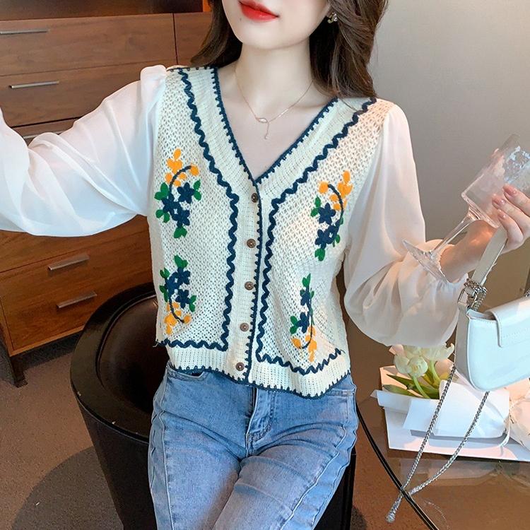 Blusa all'uncinetto con ricamo di fiori e maniche in chiffon, top cardigan con bottoni sul davanti da donna, primavera estate, Fairycore Cottagecore